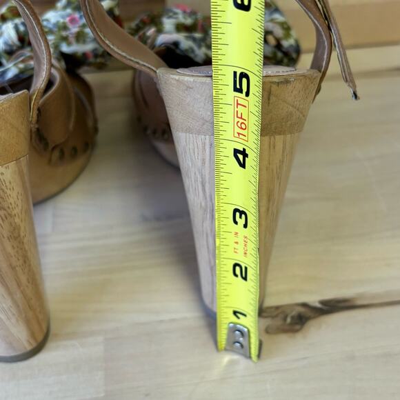 Wooden Ankle Strap Heels Floral Fabric Bow Rivets W8 - Picture 9 of 9